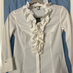 NWT Women’s Ann Taylor Loft Long Sleeve White, Ruffled Shirt size 00P